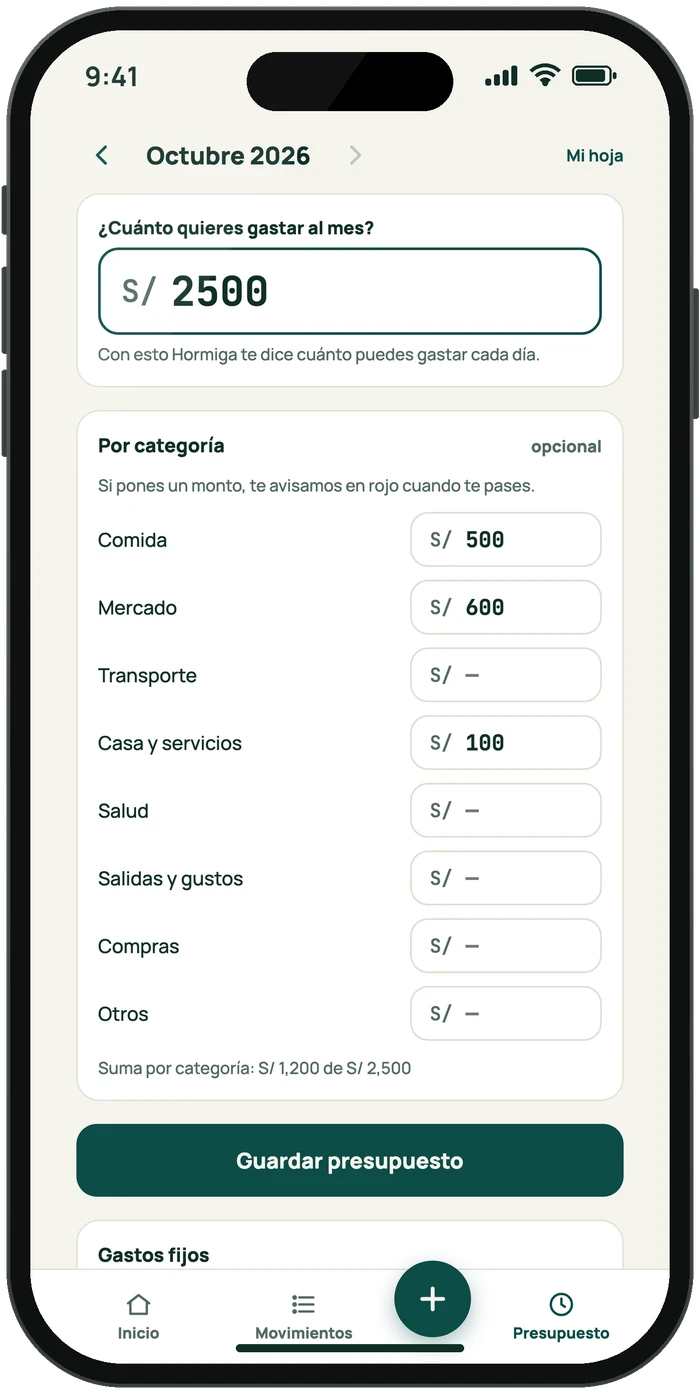 Celular con la pantalla de Presupuesto y un límite de S/ 2500